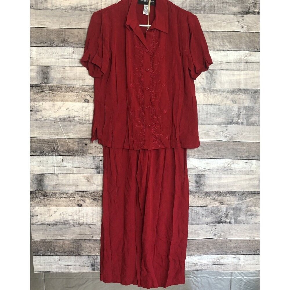 Sag Harbor Women's Petite 2Pc Set Shirt & Pants Red Size XS